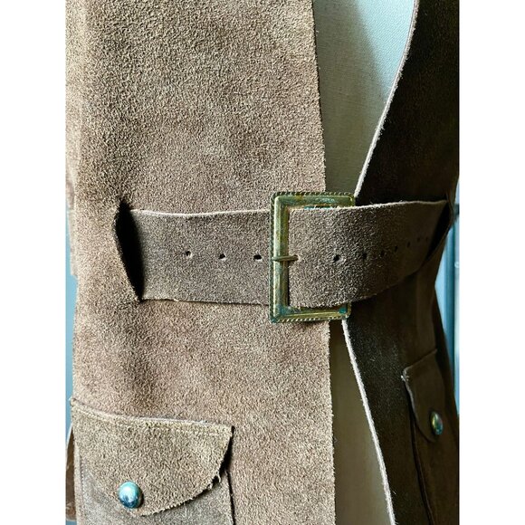 Vintage 70s Brown Suede Leather Vest | 1970s Belted Utility Pocket Western Boho - Picture 7 of 10
